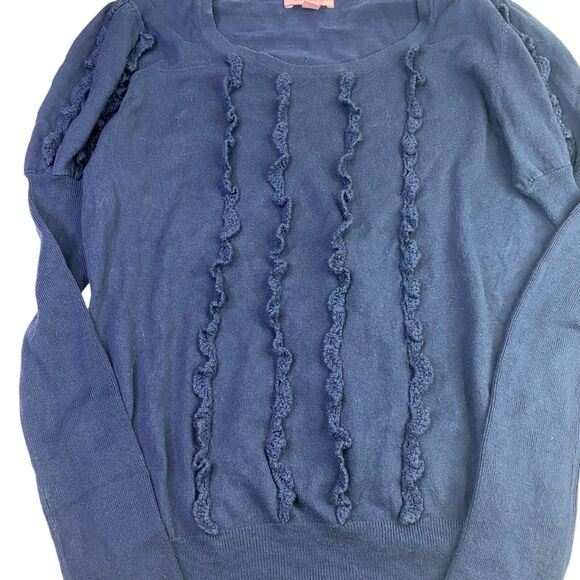 Lilly Pulitzer Ruffle Sweater Size S Navy Blue Silk Blend Puff Shoulder Pullover - Picture 2 of 6